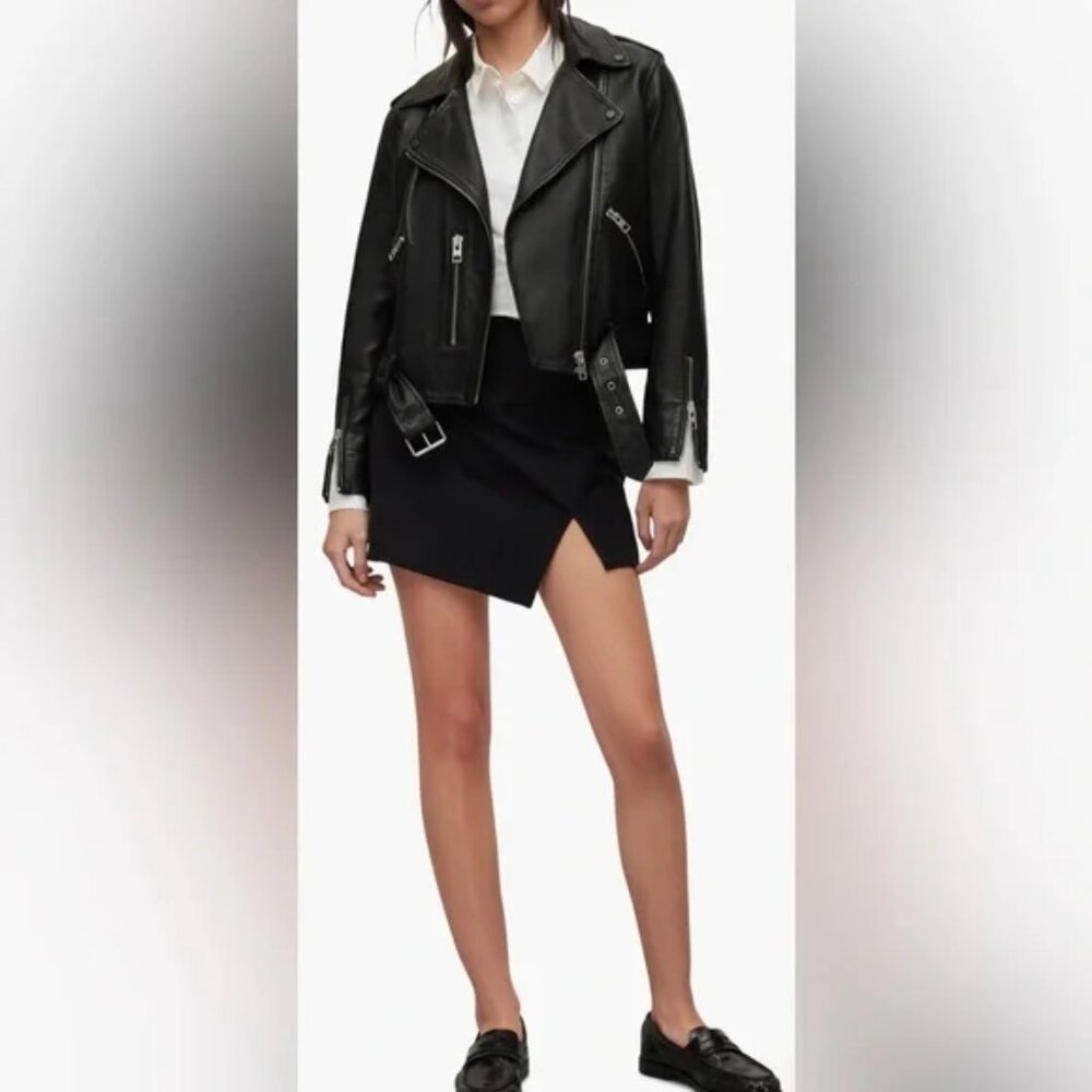 AllSaints Balfern Black Biker Cropped Belted Leather Jacket $528 New Sz 6 - Picture 2 of 16